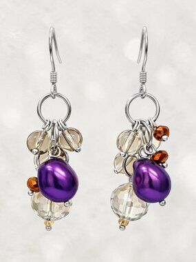 Purple Cultured Pearl Drop Earrings in 925 Sterling Silver